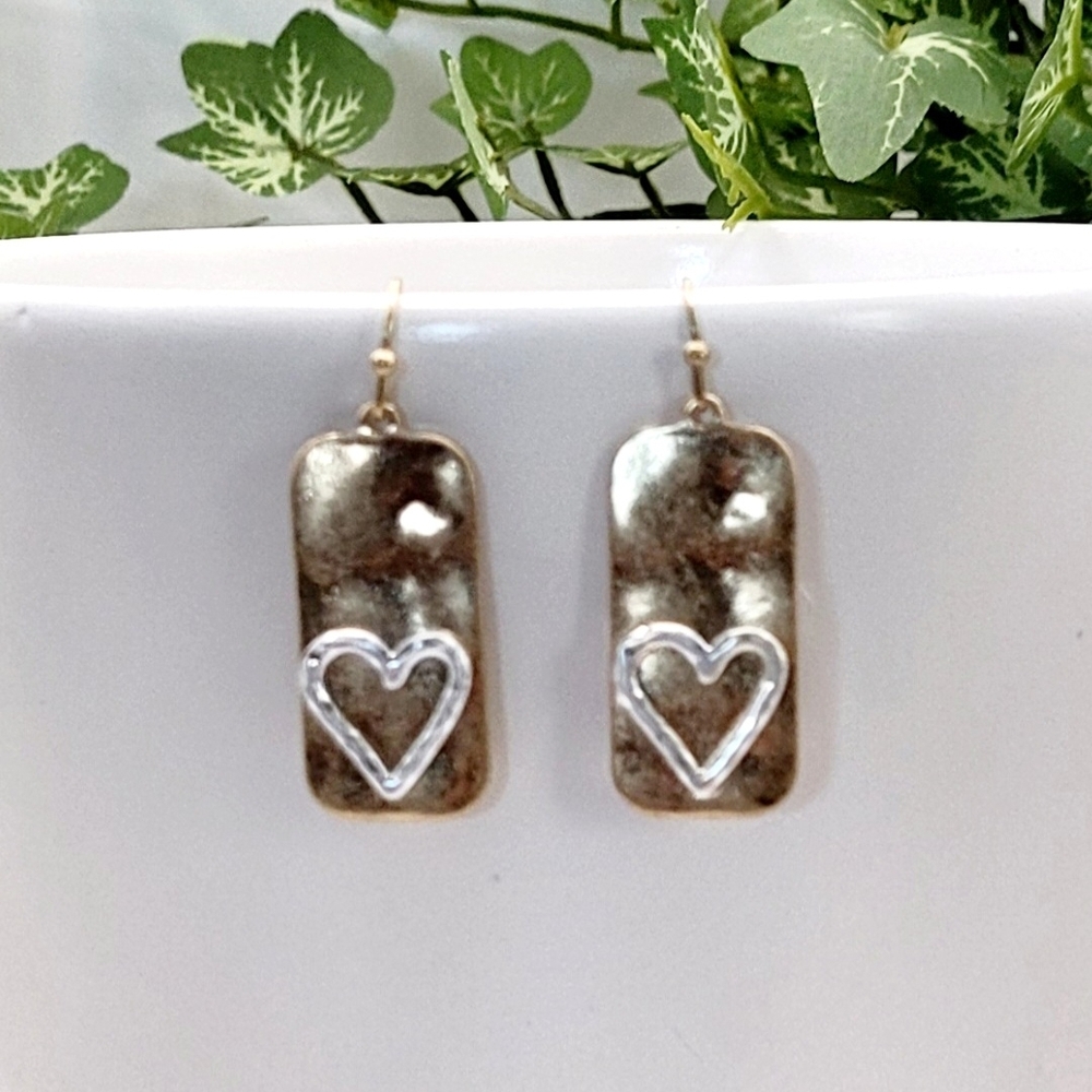 Two Tone Bar Heart Earrings New
